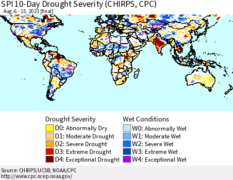 World SPI 10-Day Drought Severity (CHIRPS) Thematic Map For 8/6/2023 - 8/15/2023