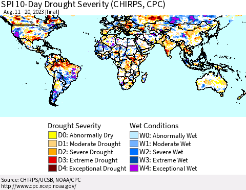 World SPI 10-Day Drought Severity (CHIRPS) Thematic Map For 8/11/2023 - 8/20/2023