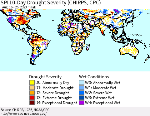 World SPI 10-Day Drought Severity (CHIRPS) Thematic Map For 8/16/2023 - 8/25/2023