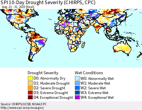 World SPI 10-Day Drought Severity (CHIRPS) Thematic Map For 8/21/2023 - 8/31/2023