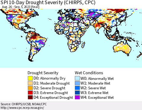 World SPI 10-Day Drought Severity (CHIRPS) Thematic Map For 8/26/2023 - 9/5/2023