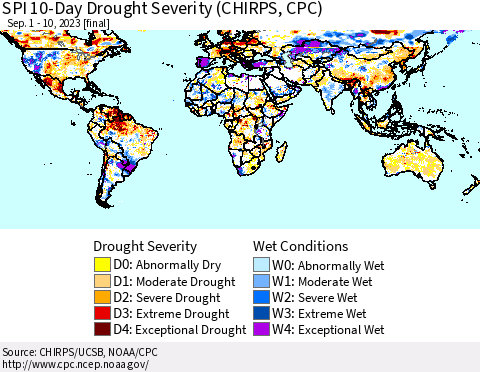 World SPI 10-Day Drought Severity (CHIRPS) Thematic Map For 9/1/2023 - 9/10/2023