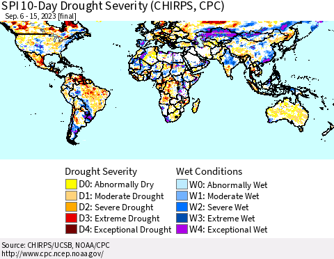 World SPI 10-Day Drought Severity (CHIRPS) Thematic Map For 9/6/2023 - 9/15/2023