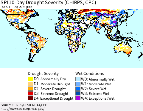 World SPI 10-Day Drought Severity (CHIRPS) Thematic Map For 9/11/2023 - 9/20/2023