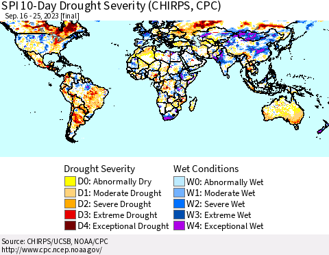 World SPI 10-Day Drought Severity (CHIRPS) Thematic Map For 9/16/2023 - 9/25/2023