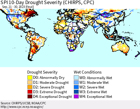 World SPI 10-Day Drought Severity (CHIRPS) Thematic Map For 9/21/2023 - 9/30/2023