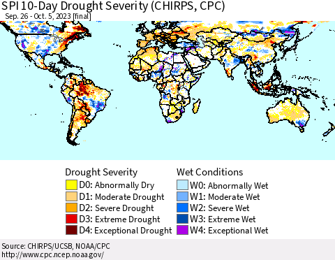 World SPI 10-Day Drought Severity (CHIRPS) Thematic Map For 9/26/2023 - 10/5/2023