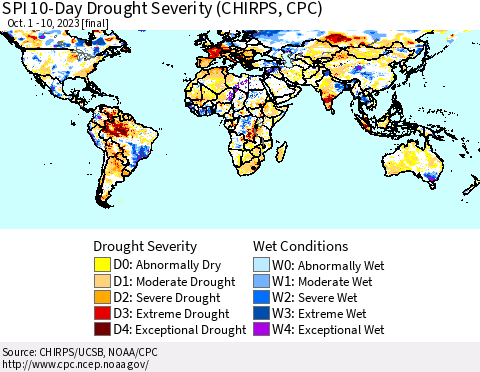 World SPI 10-Day Drought Severity (CHIRPS) Thematic Map For 10/1/2023 - 10/10/2023