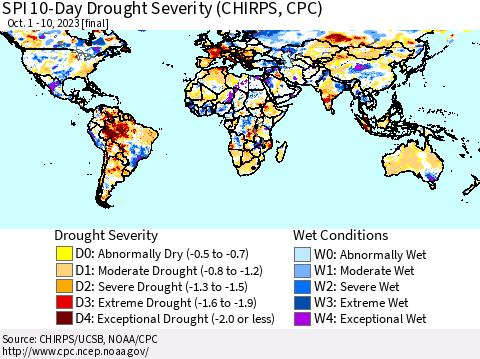 World SPI 10-Day Drought Severity (CHIRPS) Thematic Map For 10/1/2023 - 10/10/2023