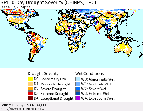 World SPI 10-Day Drought Severity (CHIRPS) Thematic Map For 10/6/2023 - 10/15/2023