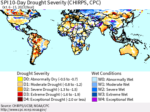 World SPI 10-Day Drought Severity (CHIRPS) Thematic Map For 10/6/2023 - 10/15/2023