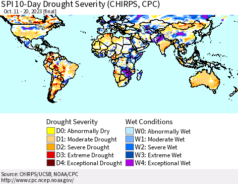 World SPI 10-Day Drought Severity (CHIRPS) Thematic Map For 10/11/2023 - 10/20/2023