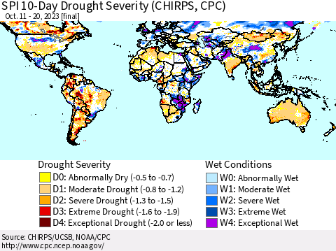 World SPI 10-Day Drought Severity (CHIRPS) Thematic Map For 10/11/2023 - 10/20/2023