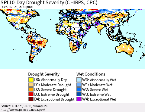 World SPI 10-Day Drought Severity (CHIRPS) Thematic Map For 10/16/2023 - 10/25/2023