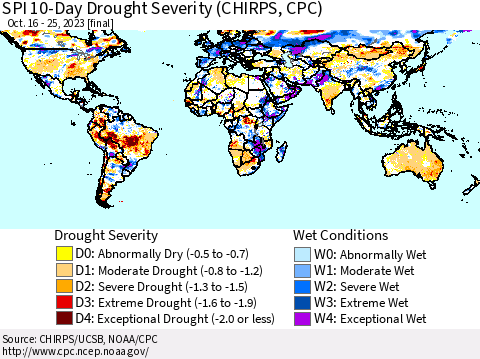 World SPI 10-Day Drought Severity (CHIRPS) Thematic Map For 10/16/2023 - 10/25/2023