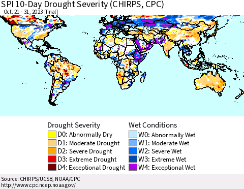 World SPI 10-Day Drought Severity (CHIRPS) Thematic Map For 10/21/2023 - 10/31/2023