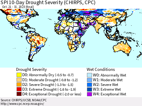 World SPI 10-Day Drought Severity (CHIRPS) Thematic Map For 10/21/2023 - 10/31/2023