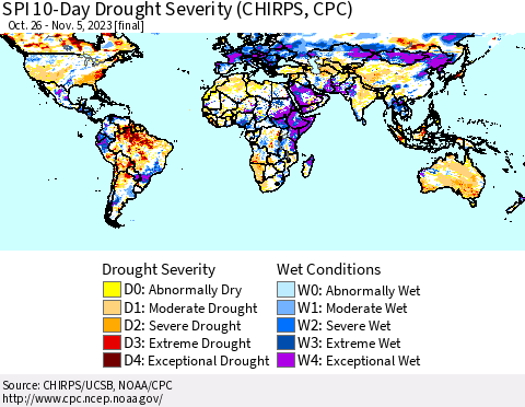 World SPI 10-Day Drought Severity (CHIRPS) Thematic Map For 10/26/2023 - 11/5/2023