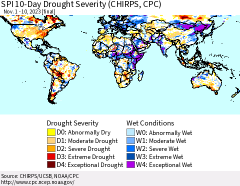 World SPI 10-Day Drought Severity (CHIRPS) Thematic Map For 11/1/2023 - 11/10/2023