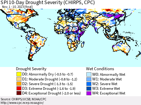 World SPI 10-Day Drought Severity (CHIRPS) Thematic Map For 11/1/2023 - 11/10/2023