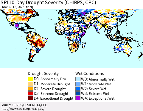 World SPI 10-Day Drought Severity (CHIRPS) Thematic Map For 11/6/2023 - 11/15/2023
