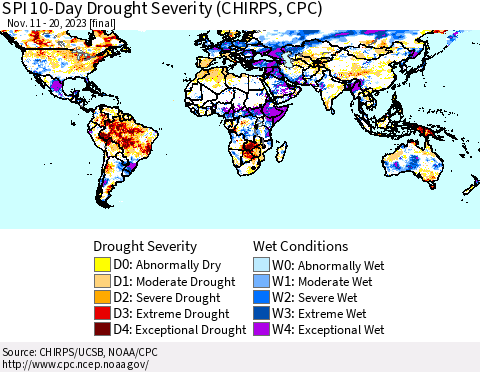 World SPI 10-Day Drought Severity (CHIRPS) Thematic Map For 11/11/2023 - 11/20/2023