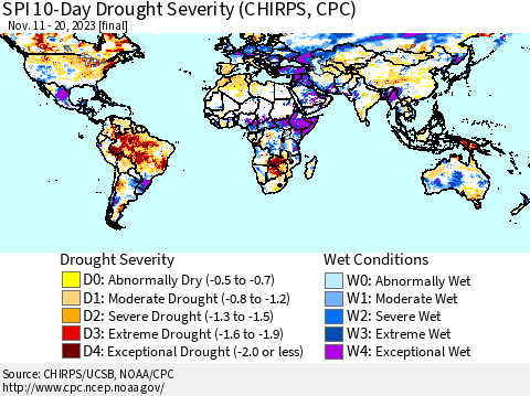 World SPI 10-Day Drought Severity (CHIRPS) Thematic Map For 11/11/2023 - 11/20/2023