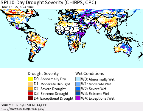 World SPI 10-Day Drought Severity (CHIRPS) Thematic Map For 11/16/2023 - 11/25/2023