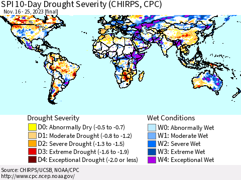 World SPI 10-Day Drought Severity (CHIRPS) Thematic Map For 11/16/2023 - 11/25/2023