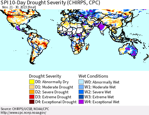World SPI 10-Day Drought Severity (CHIRPS) Thematic Map For 11/21/2023 - 11/30/2023