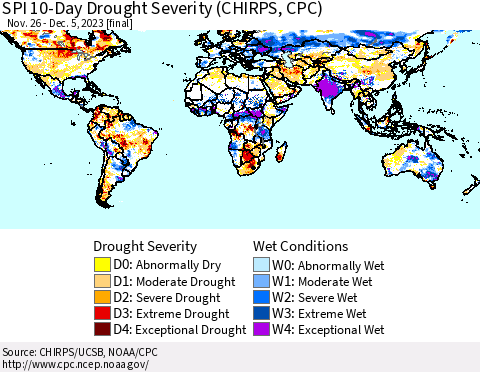 World SPI 10-Day Drought Severity (CHIRPS) Thematic Map For 11/26/2023 - 12/5/2023