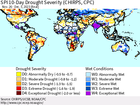 World SPI 10-Day Drought Severity (CHIRPS) Thematic Map For 11/26/2023 - 12/5/2023