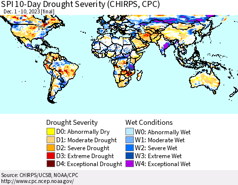 World SPI 10-Day Drought Severity (CHIRPS) Thematic Map For 12/1/2023 - 12/10/2023