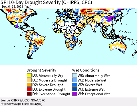 World SPI 10-Day Drought Severity (CHIRPS) Thematic Map For 12/6/2023 - 12/15/2023
