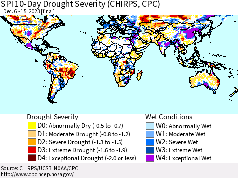 World SPI 10-Day Drought Severity (CHIRPS) Thematic Map For 12/6/2023 - 12/15/2023