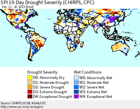 World SPI 10-Day Drought Severity (CHIRPS) Thematic Map For 12/11/2023 - 12/20/2023