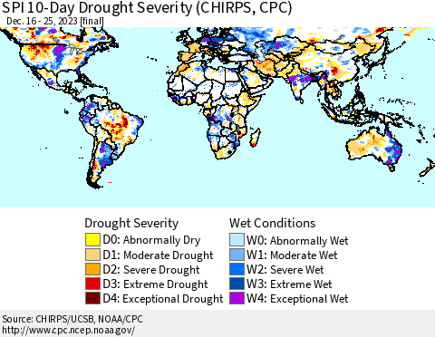 World SPI 10-Day Drought Severity (CHIRPS) Thematic Map For 12/16/2023 - 12/25/2023