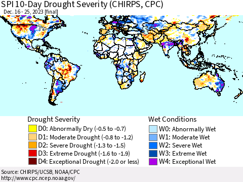 World SPI 10-Day Drought Severity (CHIRPS) Thematic Map For 12/16/2023 - 12/25/2023