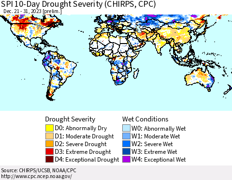 World SPI 10-Day Drought Severity (CHIRPS) Thematic Map For 12/21/2023 - 12/31/2023