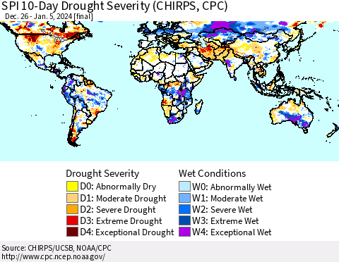 World SPI 10-Day Drought Severity (CHIRPS) Thematic Map For 12/26/2023 - 1/5/2024