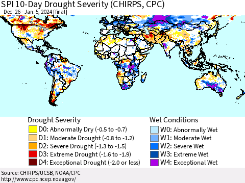 World SPI 10-Day Drought Severity (CHIRPS) Thematic Map For 12/26/2023 - 1/5/2024