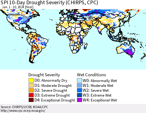 World SPI 10-Day Drought Severity (CHIRPS) Thematic Map For 1/1/2024 - 1/10/2024