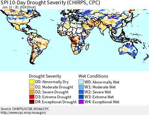 World SPI 10-Day Drought Severity (CHIRPS) Thematic Map For 1/11/2024 - 1/20/2024