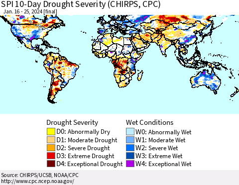 World SPI 10-Day Drought Severity (CHIRPS) Thematic Map For 1/16/2024 - 1/25/2024