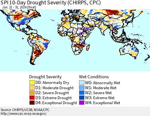 World SPI 10-Day Drought Severity (CHIRPS) Thematic Map For 1/21/2024 - 1/31/2024