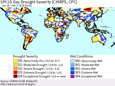 World SPI 10-Day Drought Severity (CHIRPS) Thematic Map For 1/26/2024 - 2/5/2024