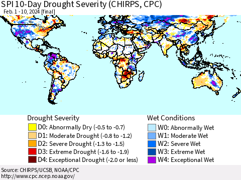 World SPI 10-Day Drought Severity (CHIRPS) Thematic Map For 2/1/2024 - 2/10/2024
