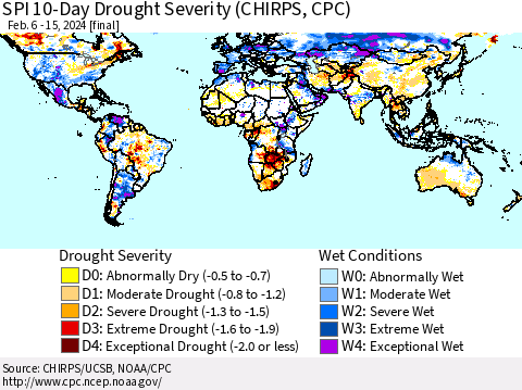 World SPI 10-Day Drought Severity (CHIRPS) Thematic Map For 2/6/2024 - 2/15/2024