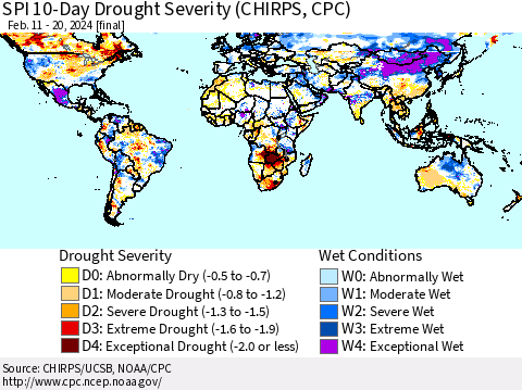 World SPI 10-Day Drought Severity (CHIRPS) Thematic Map For 2/11/2024 - 2/20/2024