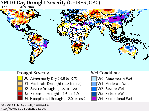 World SPI 10-Day Drought Severity (CHIRPS) Thematic Map For 2/16/2024 - 2/25/2024